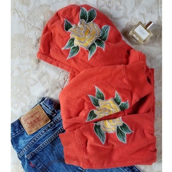 PacSun Sweaters - PacSun Orange Hoodie with Yellow Rose Embroidery
